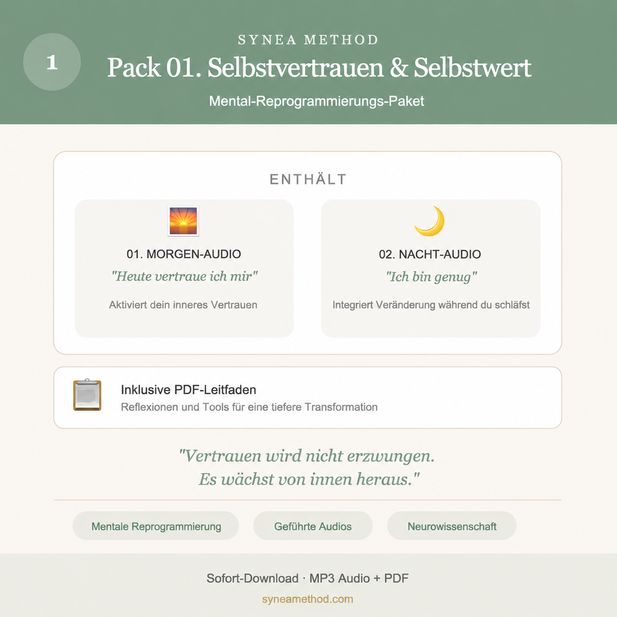 Pack 1 zur mentalen Reprogrammierung für Selbstvertrauen und Selbstwert mit geführten Audios für Morgen und Nacht