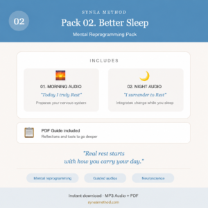 Pack 2 mental reprogramming audios for better sleep and genuine rest. Morning and night guided sessions. SYNEA Method.
