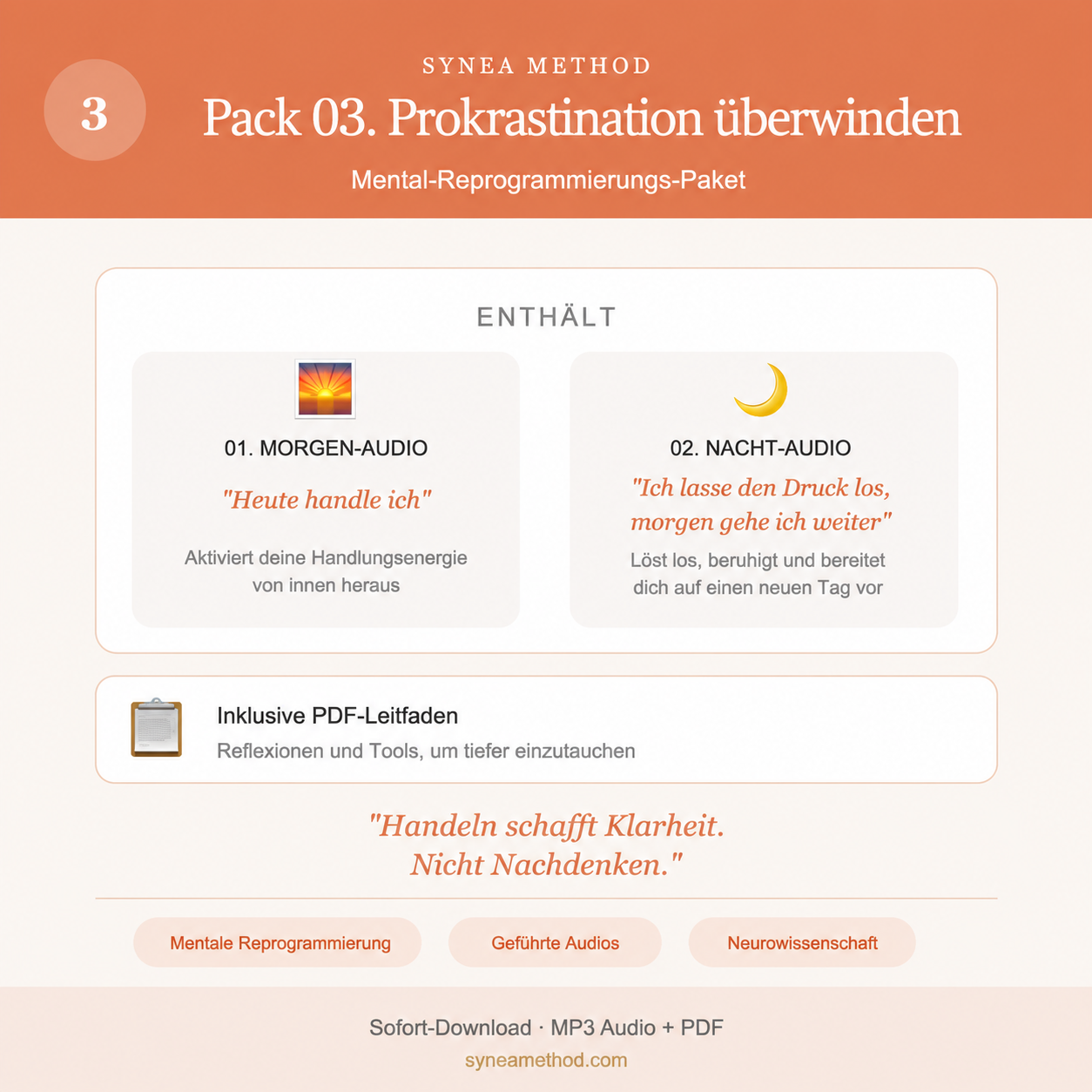 Pack 3 zur mentalen Reprogrammierung gegen Prokrastination mit geführten Audios für Morgen und Nacht