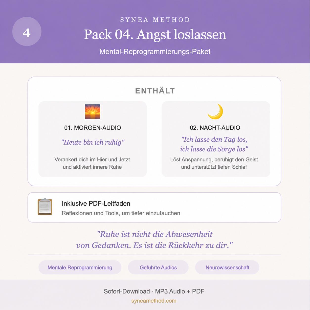 Pack 4 zur mentalen Reprogrammierung zum Loslassen von Angst und innerer Anspannung mit geführten Audios für Morgen und Nacht