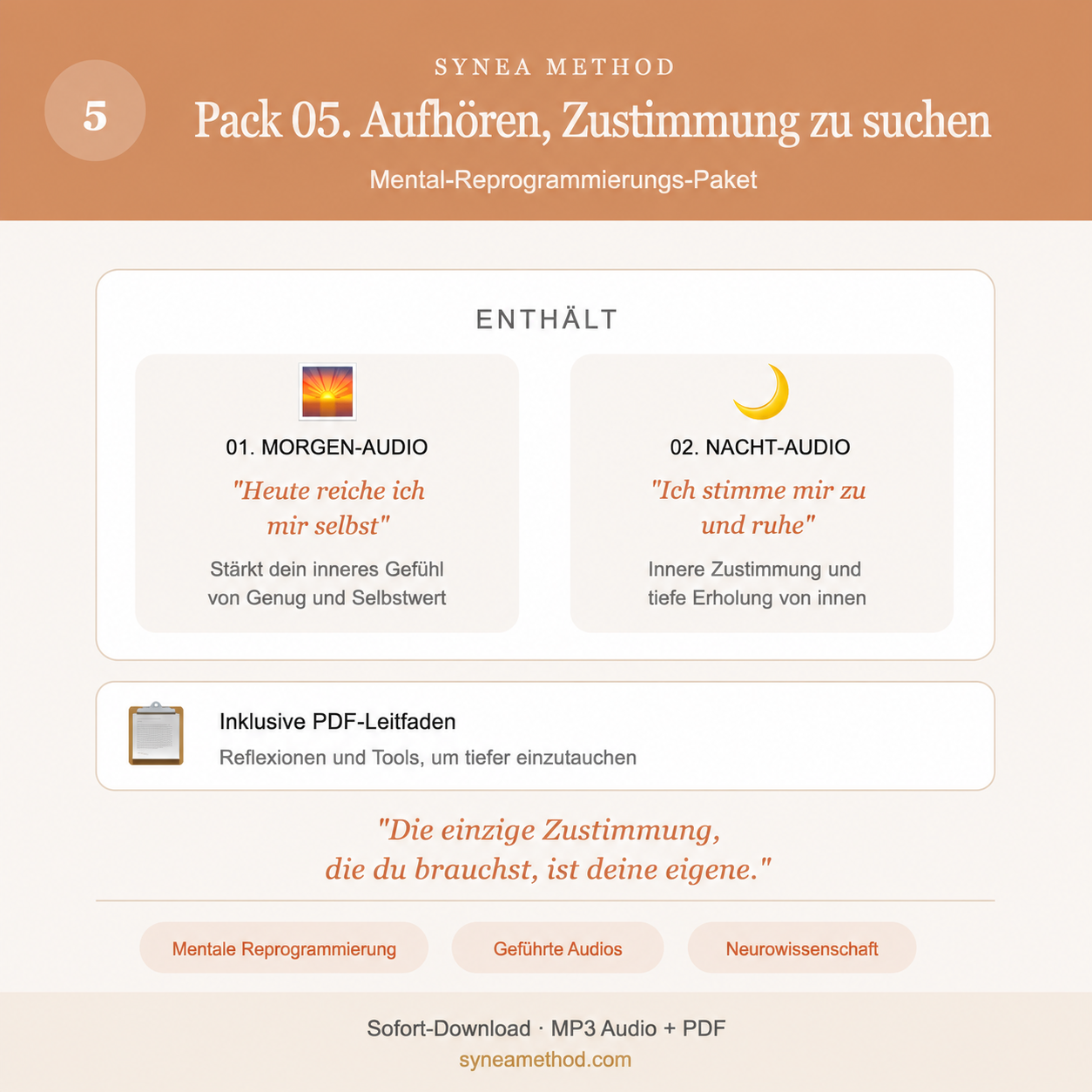Pack 5 zur mentalen Reprogrammierung zum Loslassen des Bedürfnisses nach Zustimmung und Anerkennung mit geführten Audios für Morgen und Nacht