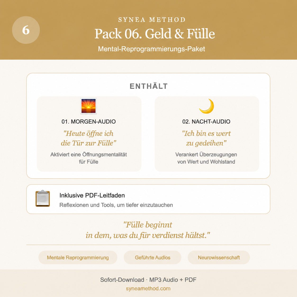 Pack 6 zur mentalen Reprogrammierung für eine gesündere Beziehung zu Geld und Fülle mit geführten Audios für Morgen und Nacht