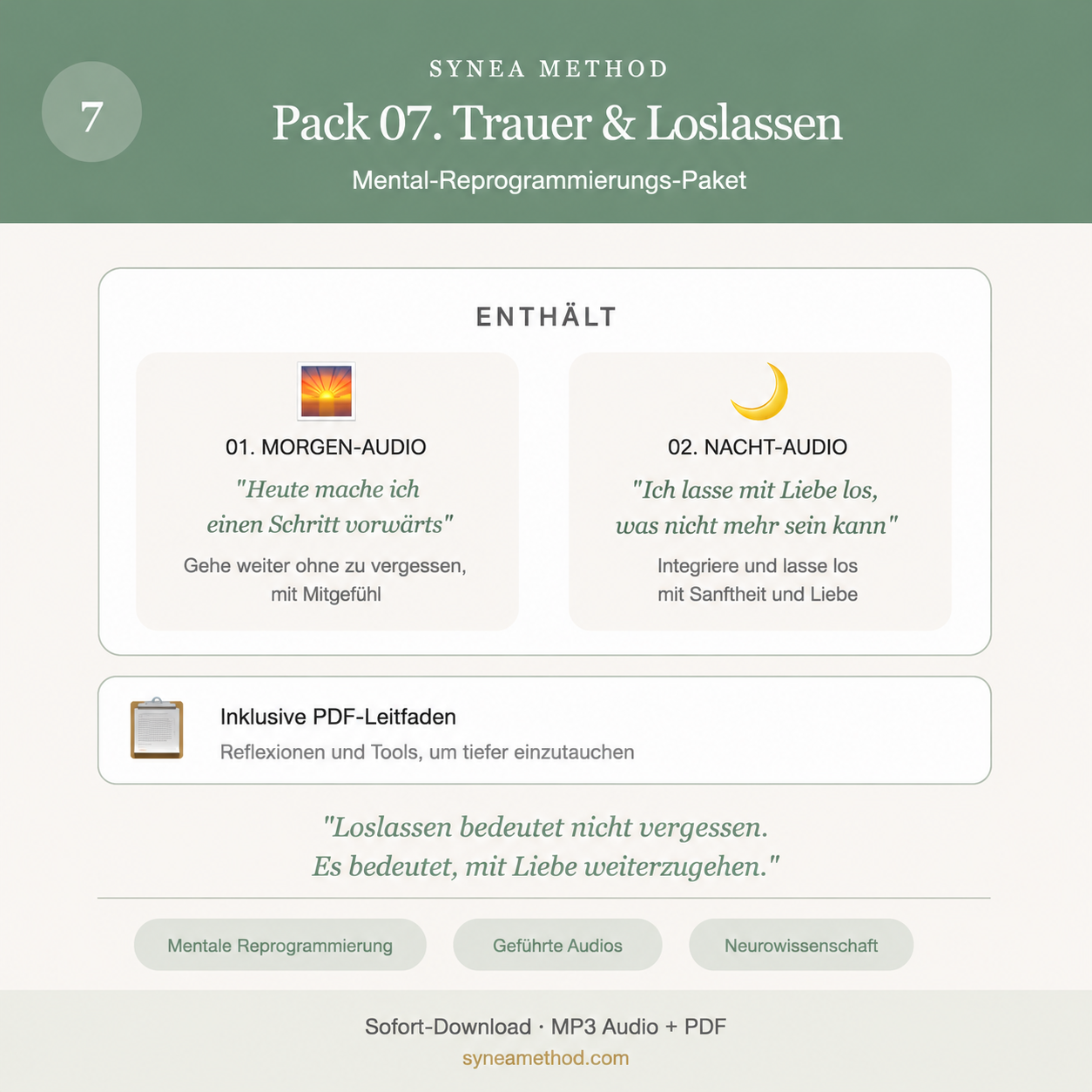Pack 7 zur mentalen Reprogrammierung für Trauer und das Loslassen der Vergangenheit mit geführten Audios für Morgen und Nacht