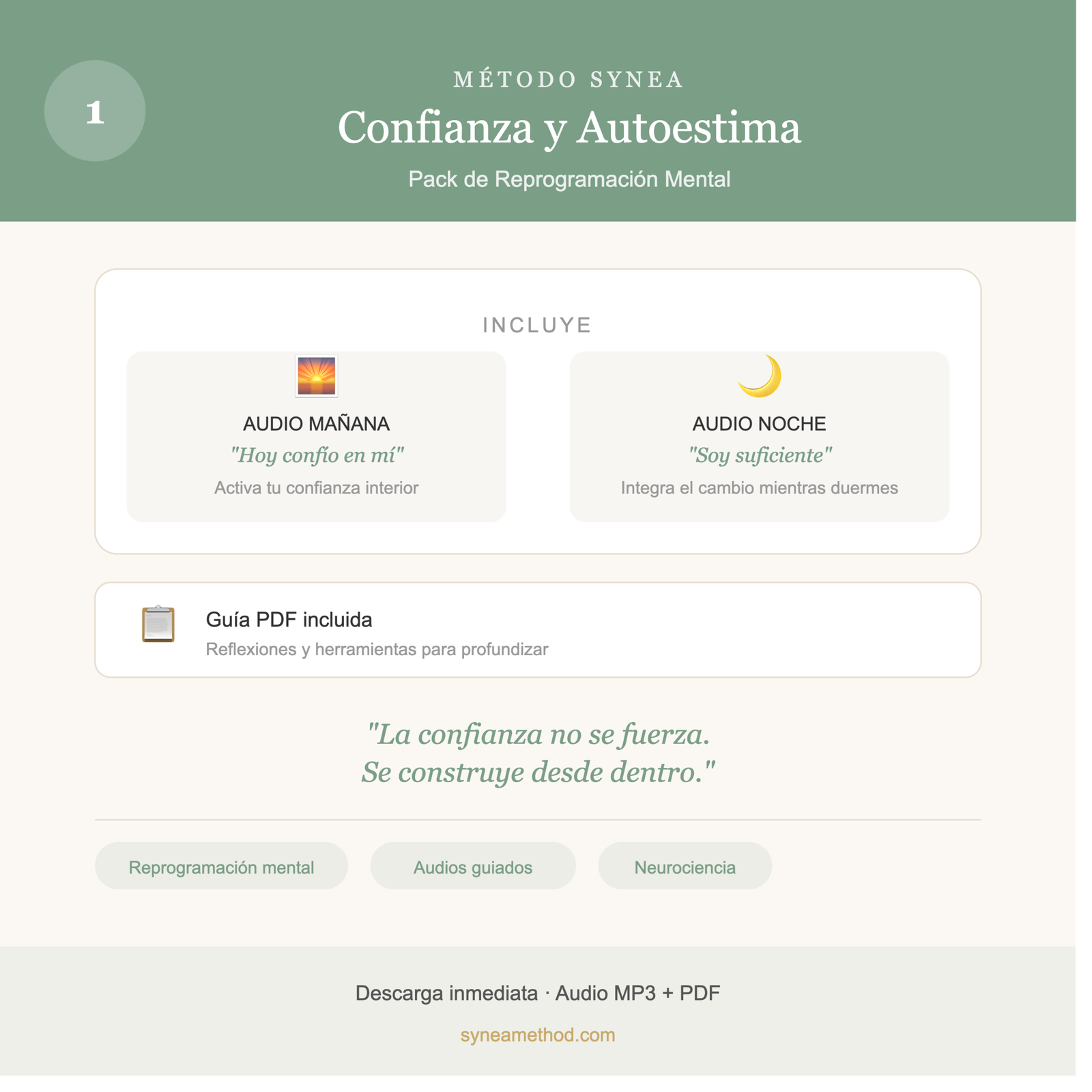 Pack 1 de reprogramación mental para trabajar la confianza y el valor propio con audios guiados para mañana y noche