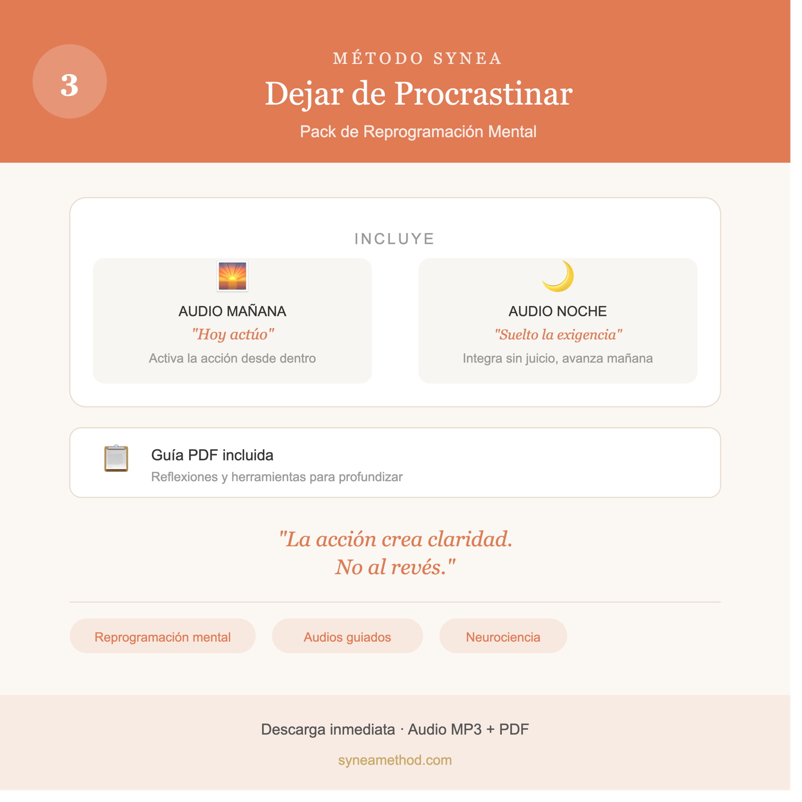 Pack 3 de reprogramación mental para dejar de procrastinar con audios guiados para mañana y noche