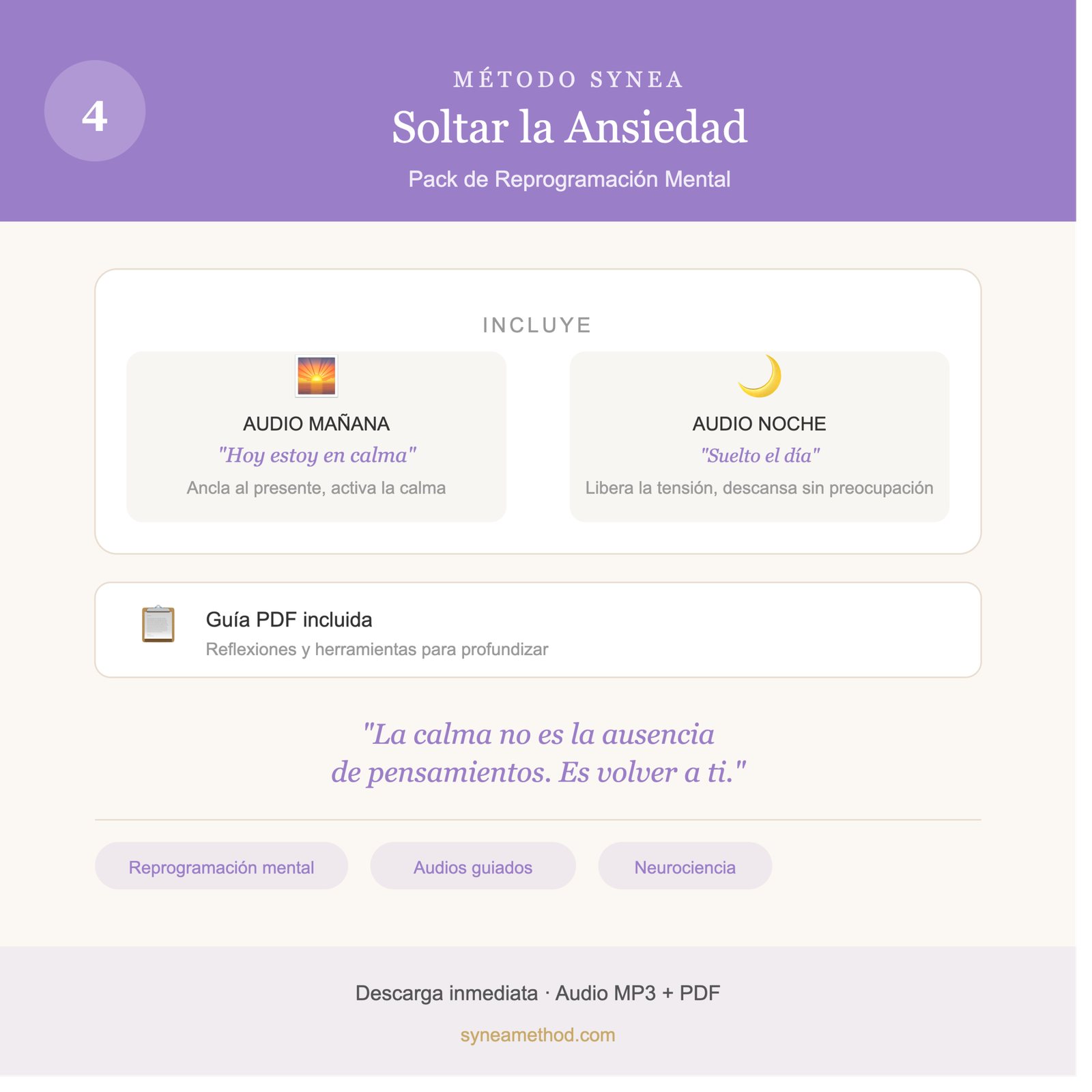 Pack 4 de reprogramación mental para soltar la ansiedad con audios guiados para mañana y noche