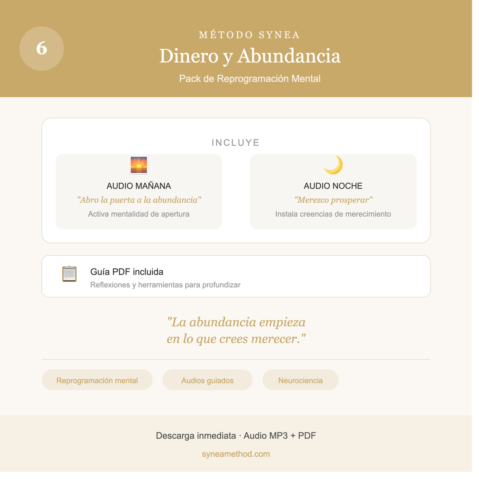 Pack 6 de reprogramación mental para transformar la relación con el dinero y la abundancia con audios guiados para mañana y noche