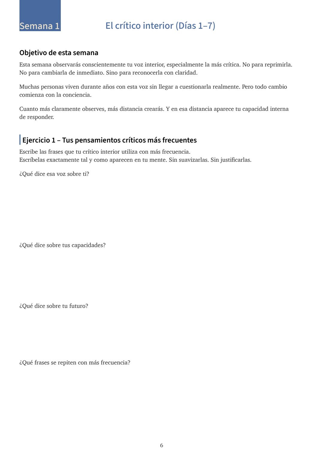 Página real del workbook del Método SYNEA con ejercicio de reflexión