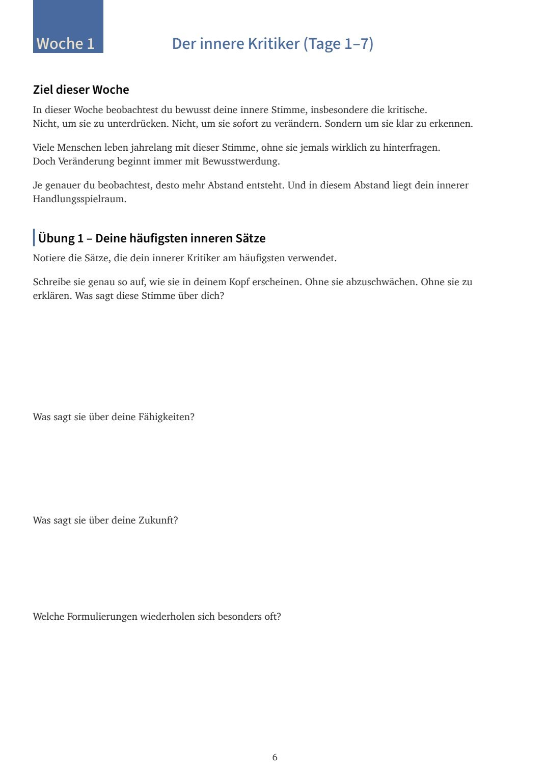 Echte Seite aus dem SYNEA Workbook mit einer geführten Reflexionsübung