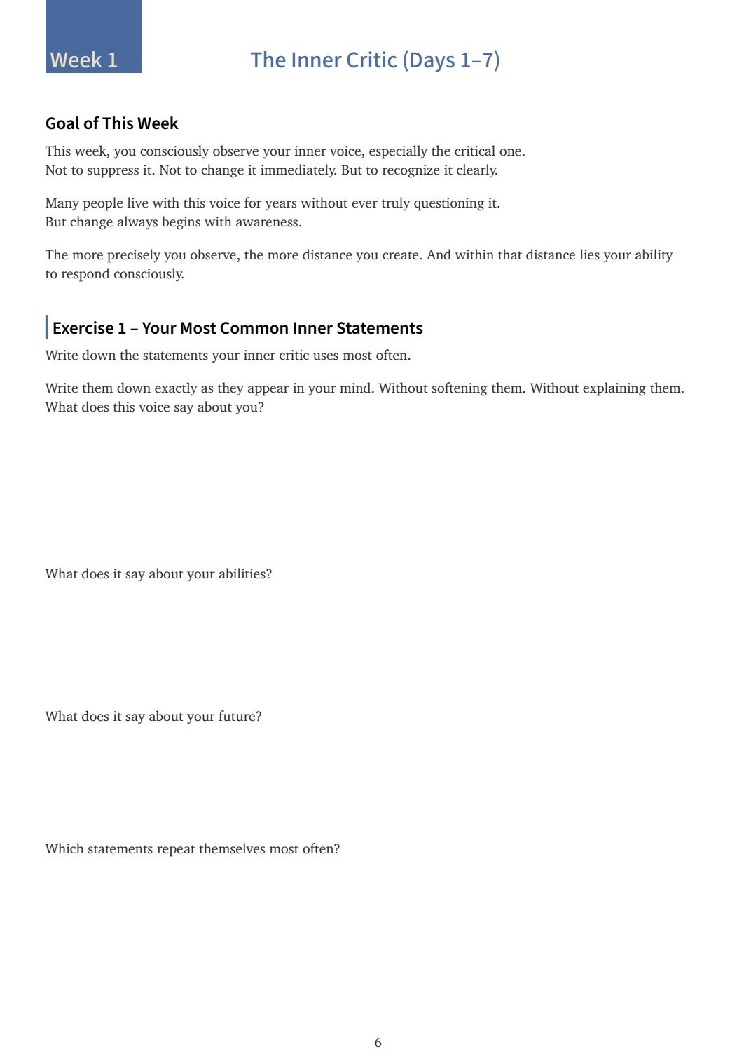 Real SYNEA Method workbook page with a guided reflection exercise