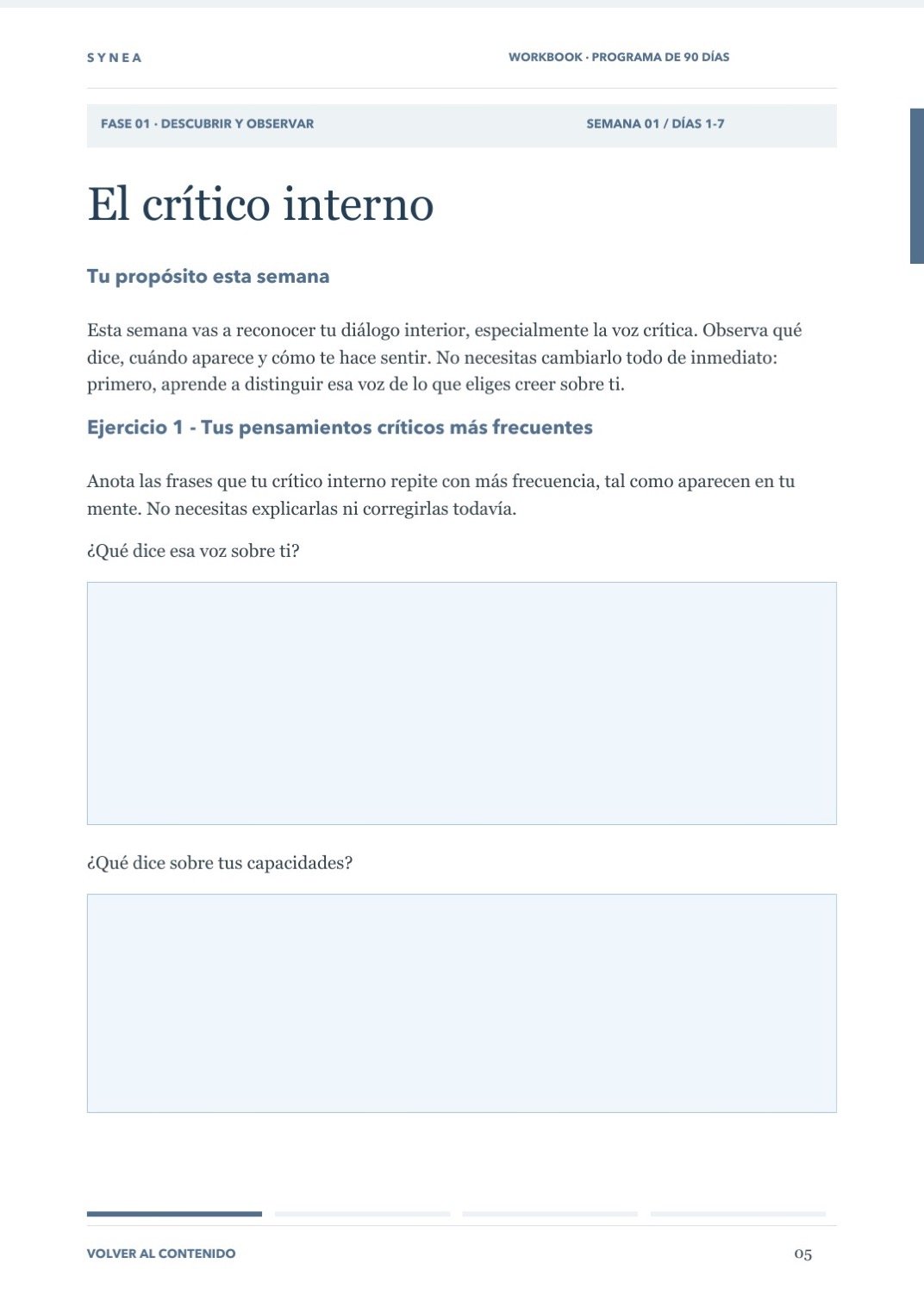 Página interior del workbook del Método SYNEA con un ejercicio sobre el crítico interno