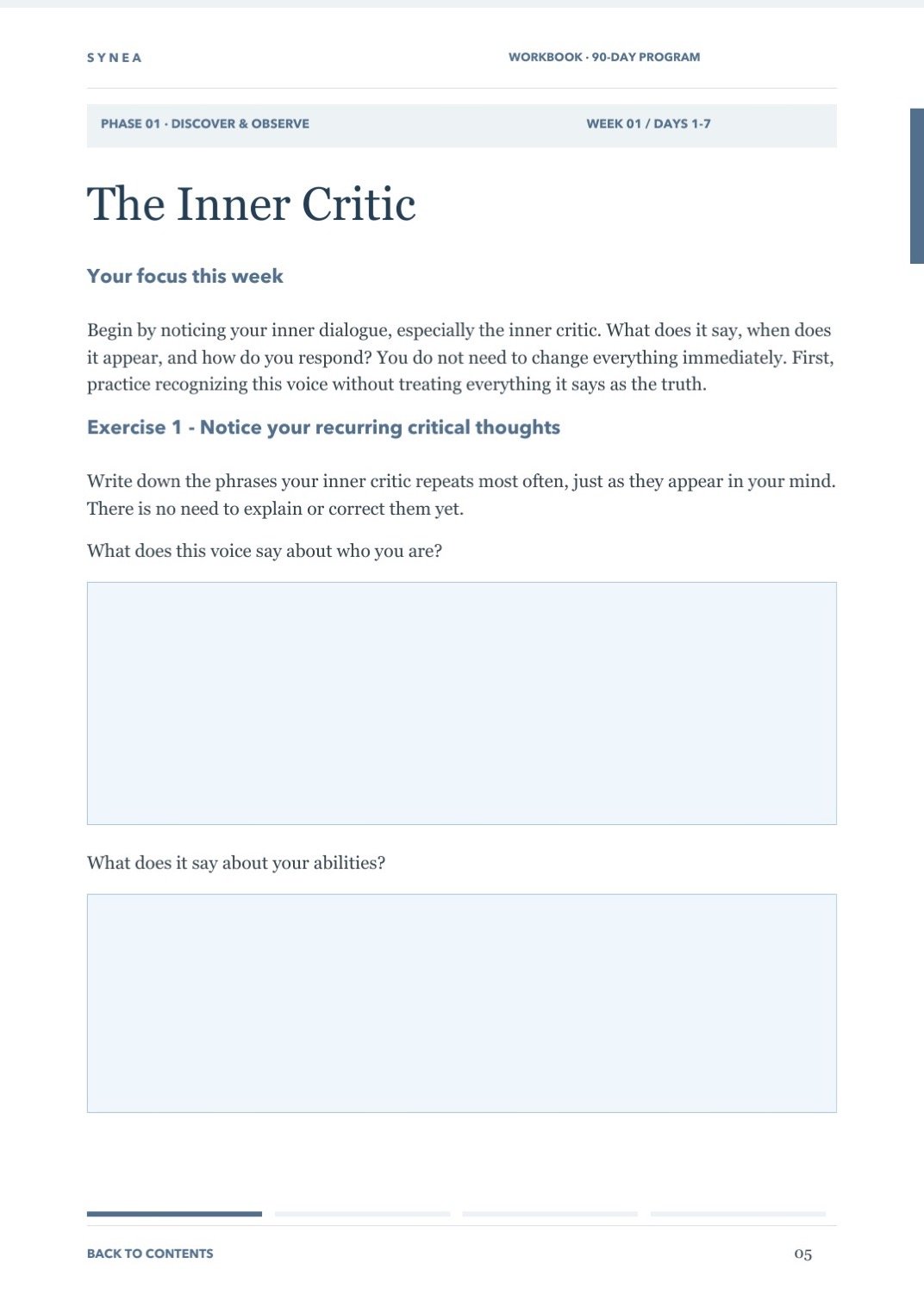 Interior page from the SYNEA Method workbook with a guided exercise about the inner critic