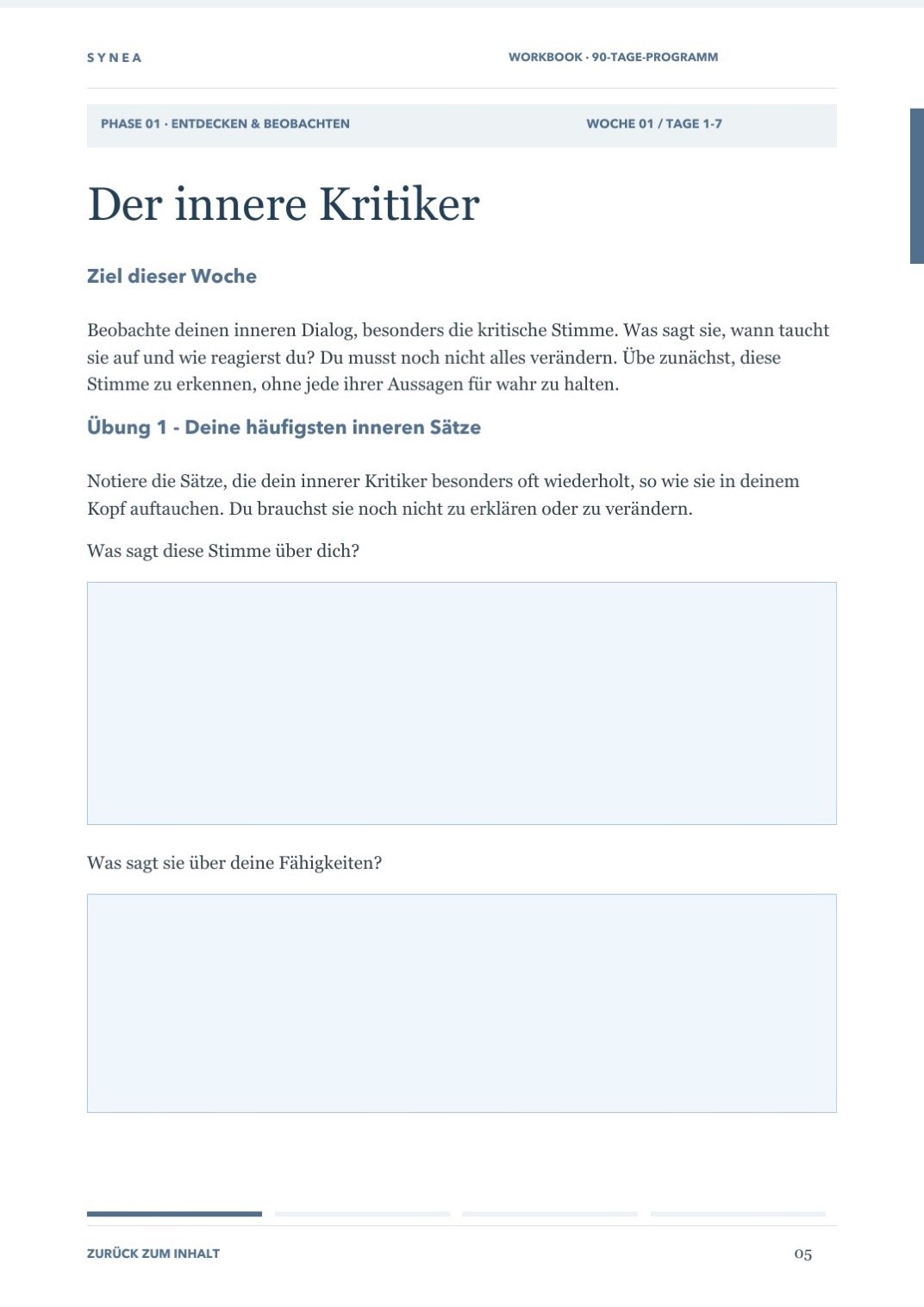 Echte Seite aus dem SYNEA Workbook mit der Reflexionsübung zum inneren Kritiker